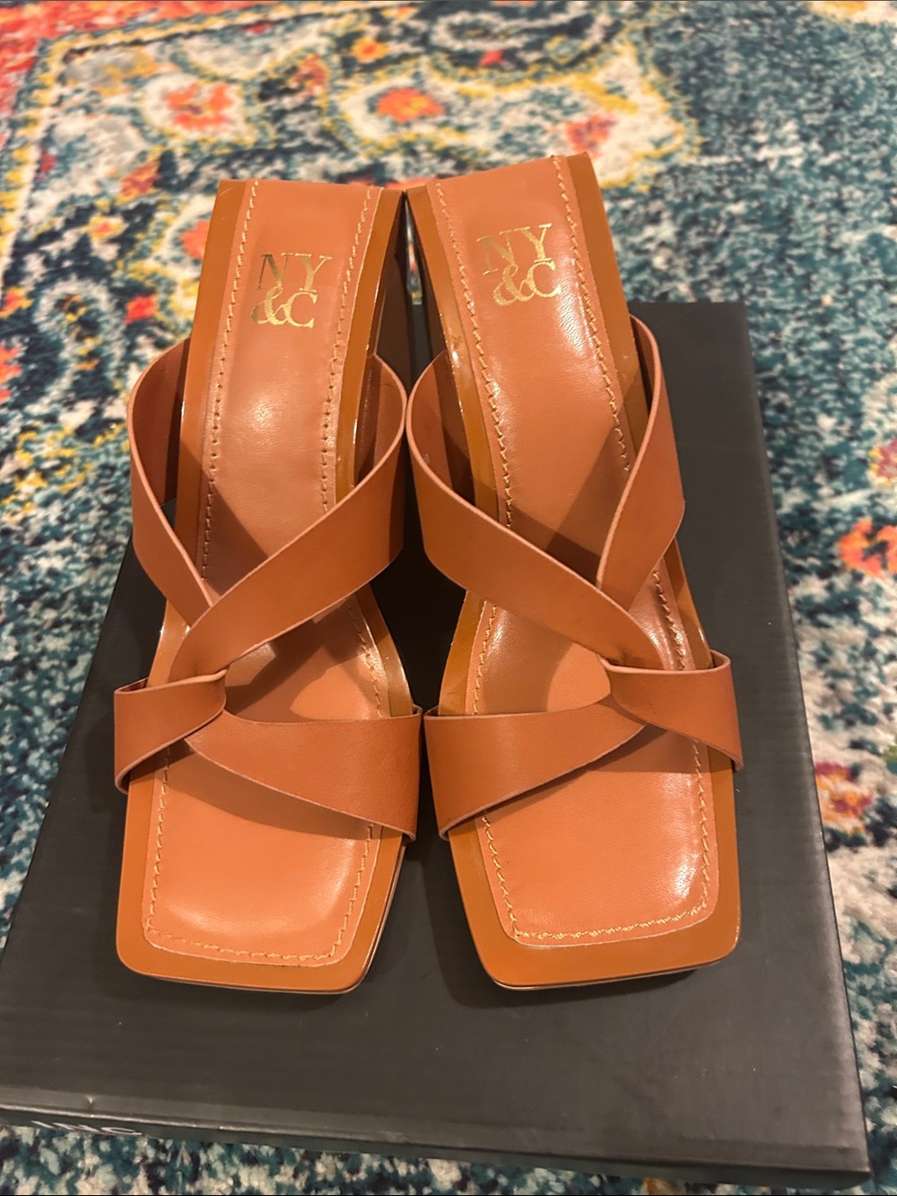 New York & Company Tan Crisscross Leather Square-Toe Mule Heels. NWOB - Picture 5 of 6